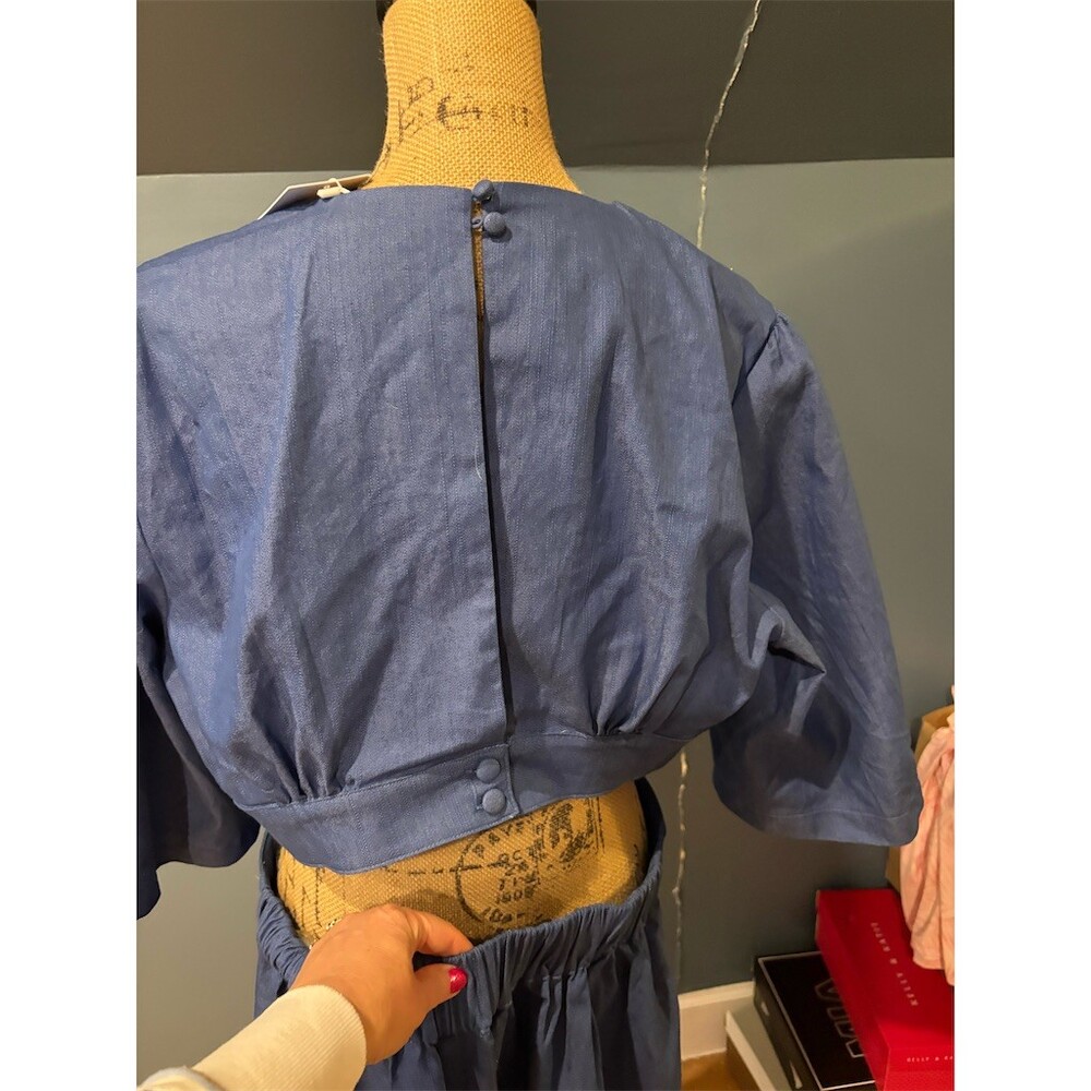 J. Brooks Dress Womens 1X Blue Midi V-Neck Button Front Cutout Waist 3/4 - Picture 7 of 13